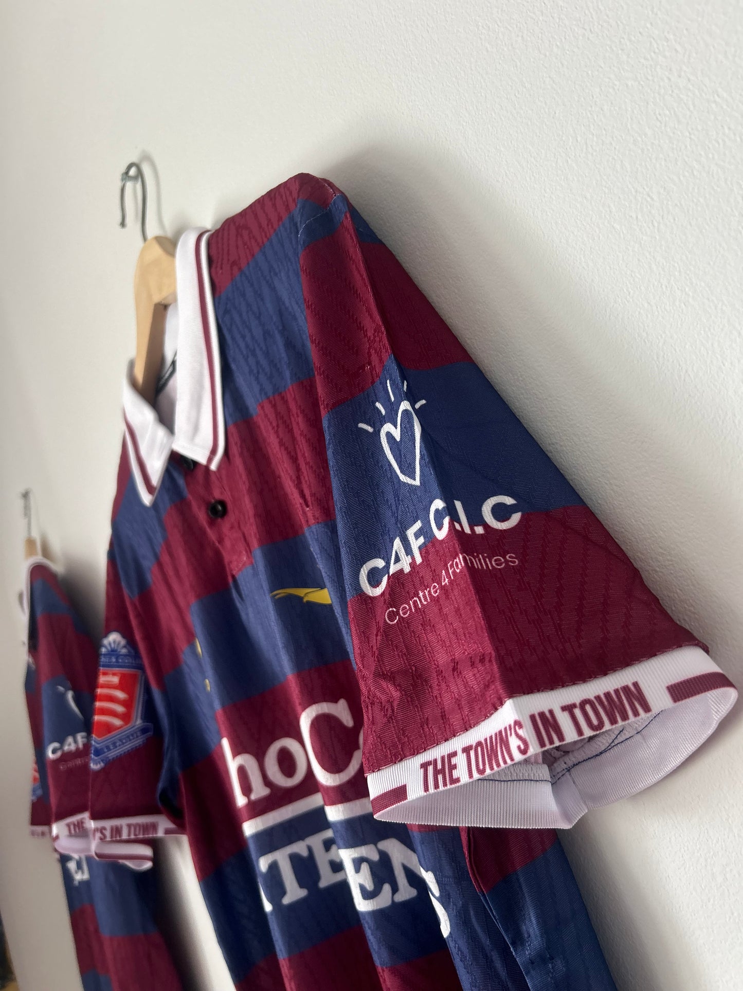 Feltham Town FC 2025/26 Away Shirt – Burgundy & Navy Hoops