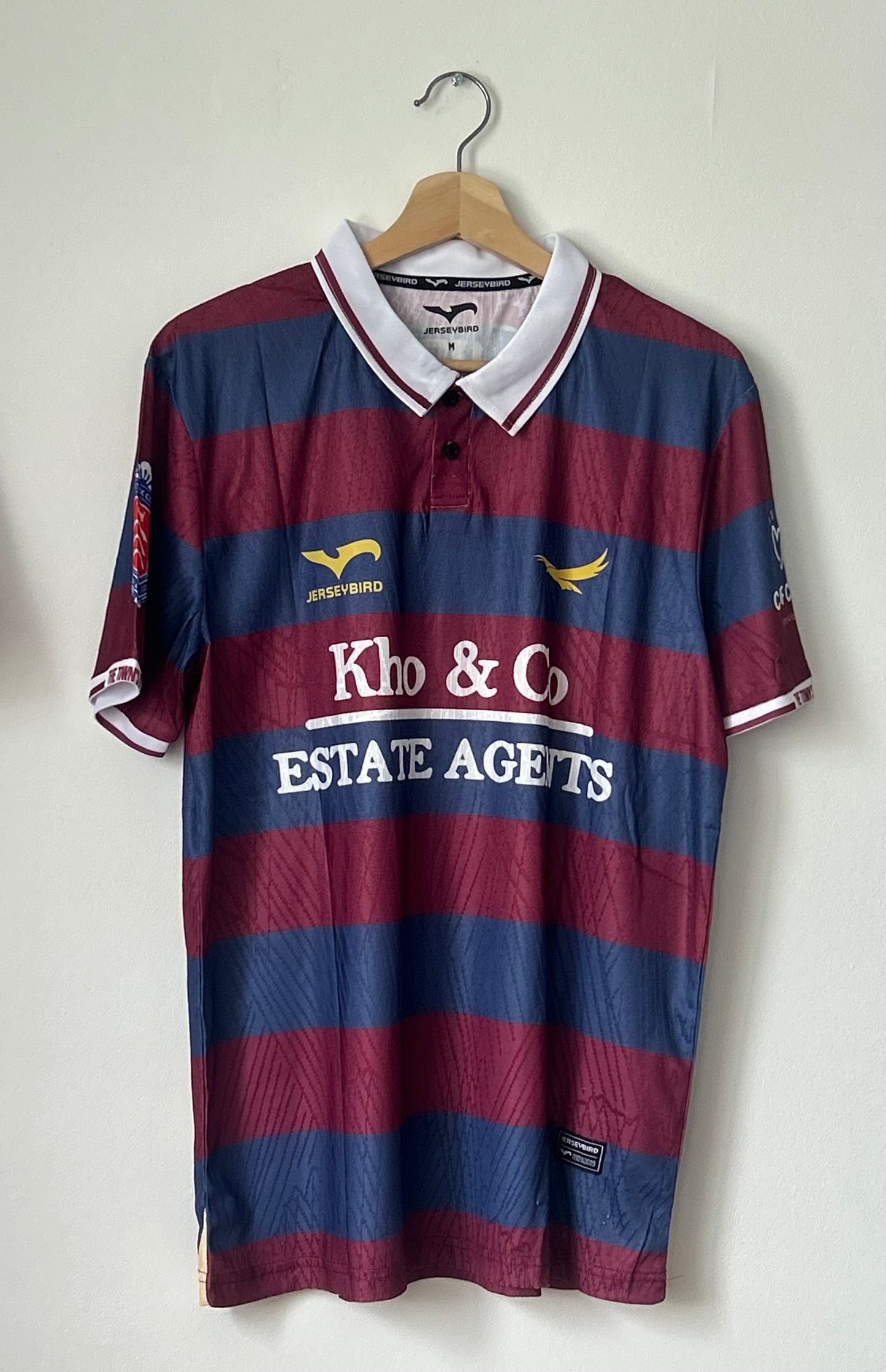 Feltham Town FC 2025/26 Away Shirt – Burgundy & Navy Hoops