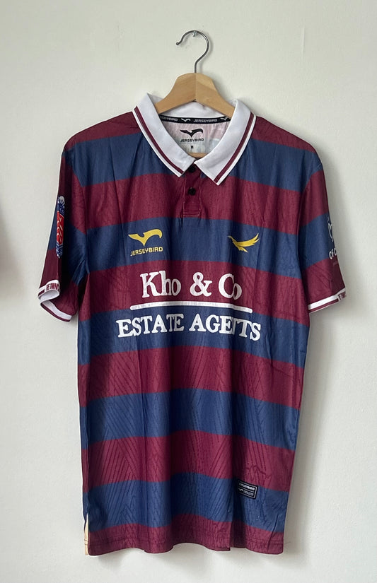 Feltham Town FC 2025/26 Away Shirt – Burgundy & Navy Hoops
