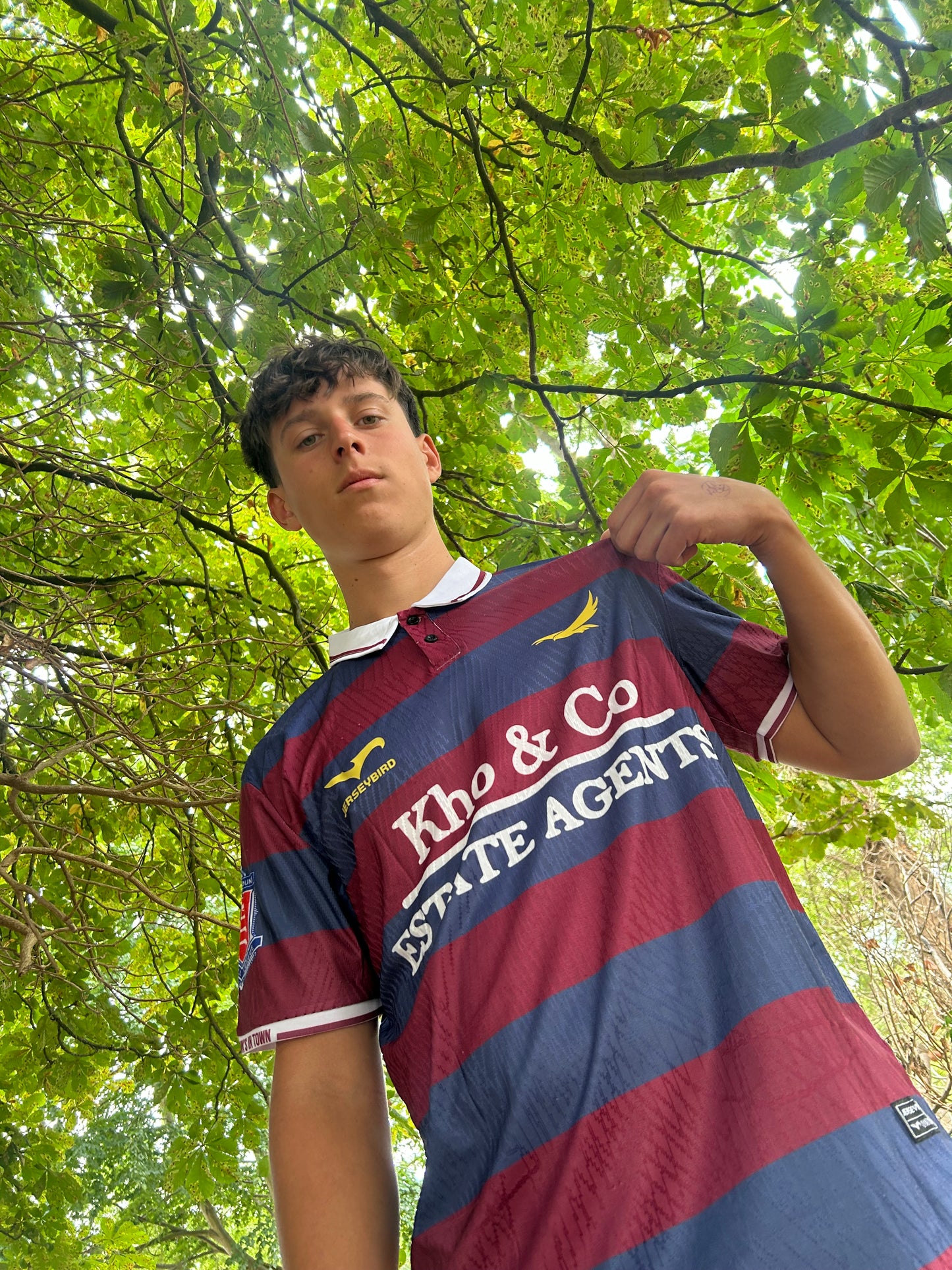 Feltham Town FC 2025/26 Away Shirt – Burgundy & Navy Hoops