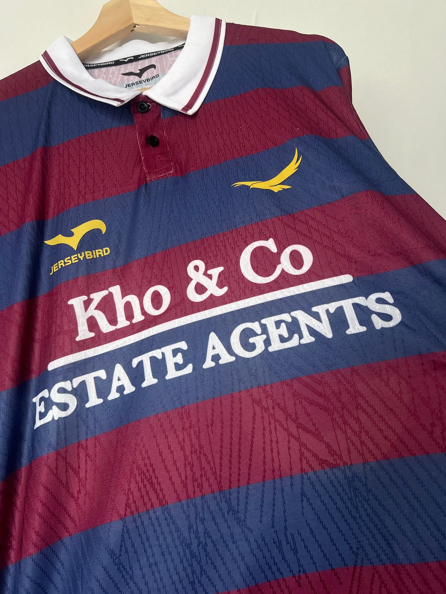 Feltham Town FC 2025/26 Away Shirt – Burgundy & Navy Hoops